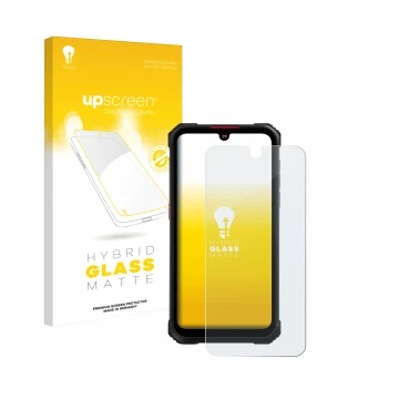 Parte frontal de un envase de producto con el logotipo de la marca upscreen. Al lado se muestra el dispositivo Hotwav Cyber 9 