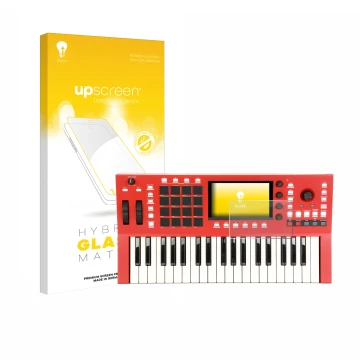 Parte frontal de un envase de producto con el logotipo de la marca upscreen. Al lado se muestra el dispositivo Akai Profession