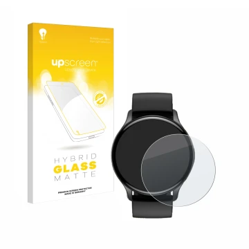 Parte frontal de un envase de producto con el logotipo de la marca upscreen. Al lado se muestra el dispositivo Sross Smartwatc
