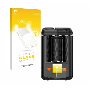 Parte frontal de un envase de producto con el logotipo de la marca upscreen. Al lado se muestra el dispositivo Storz & Bickel 