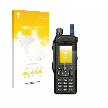 Parte frontal de un envase de producto con el logotipo de la marca upscreen. Al lado se muestra el dispositivo Motorola MTP665