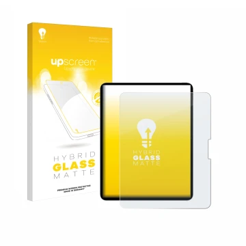 Parte frontal de un envase de producto con el logotipo de la marca upscreen. Al lado se muestra el dispositivo Apple iPad Pro 