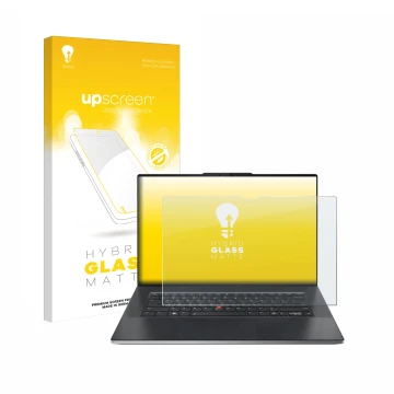 Parte frontal de un envase de producto con el logotipo de la marca upscreen. Al lado se muestra el dispositivo Lenovo ThinkPad