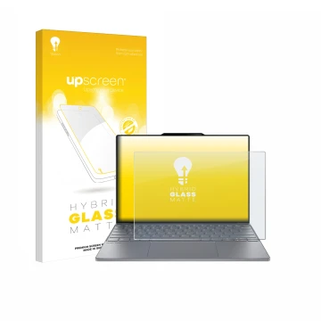 Parte frontal de un envase de producto con el logotipo de la marca upscreen. Al lado se muestra el dispositivo Lenovo ThinkBoo