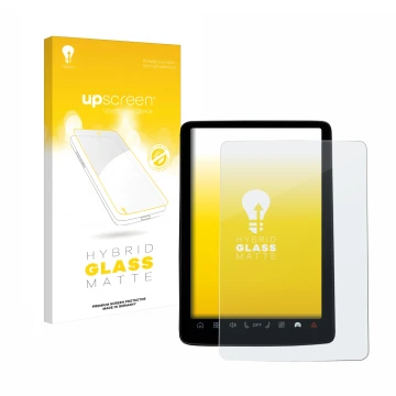 Parte frontal de un envase de producto con el logotipo de la marca upscreen. Al lado se muestra el dispositivo Volvo EX30 12.3