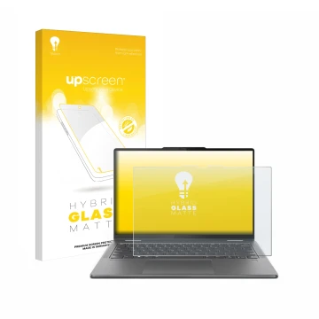 Parte frontal de un envase de producto con el logotipo de la marca upscreen. Al lado se muestra el dispositivo Lenovo Yoga 7 2