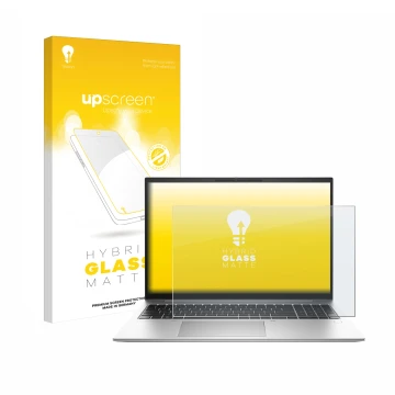 Parte frontal de un envase de producto con el logotipo de la marca upscreen. Al lado se muestra el dispositivo HP EliteBook 86