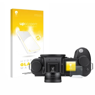 Parte frontal de un envase de producto con el logotipo de la marca upscreen. Al lado se muestra el dispositivo Leica SL3 (pant