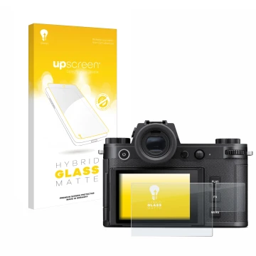 Parte frontal de un envase de producto con el logotipo de la marca upscreen. Al lado se muestra el dispositivo Leica SL3 (Pant