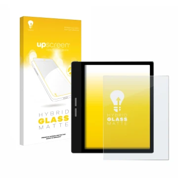 Parte frontal de un envase de producto con el logotipo de la marca upscreen. Al lado se muestra el dispositivo Bigme B751C con