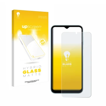 Parte frontal de un envase de producto con el logotipo de la marca upscreen. Al lado se muestra el dispositivo Samsung Galaxy 