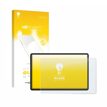 Parte frontal de un envase de producto con el logotipo de la marca upscreen. Al lado se muestra el dispositivo Teclast P50 con