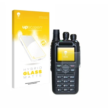 Parte frontal de un envase de producto con el logotipo de la marca upscreen. Al lado se muestra el dispositivo AnyTone AT-D878