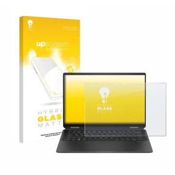 Parte frontal de un envase de producto con el logotipo de la marca upscreen. Al lado se muestra el dispositivo HP Spectre x360