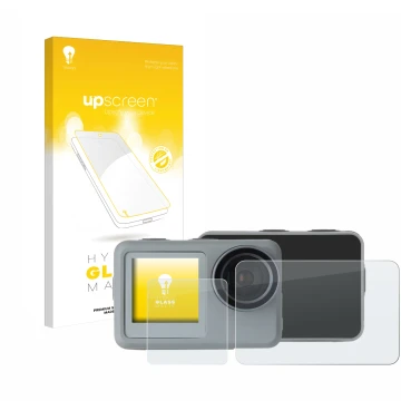 Parte frontal de un envase de producto con el logotipo de la marca upscreen. Al lado se muestra el dispositivo Rollei Actionca