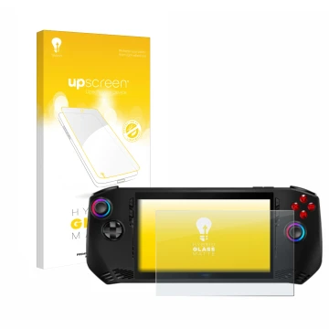 Parte frontal de un envase de producto con el logotipo de la marca upscreen. Al lado se muestra el dispositivo MSI Claw A1M co