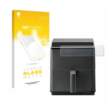 Parte frontal de un envase de producto con el logotipo de la marca upscreen. Al lado se muestra el dispositivo Cosori CAF-P583