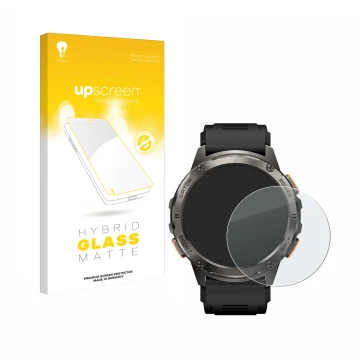 Parte frontal de un envase de producto con el logotipo de la marca upscreen. Al lado se muestra el dispositivo Kospet Tank T3 