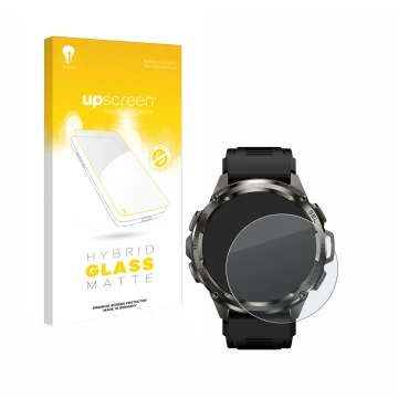 Parte frontal de un envase de producto con el logotipo de la marca upscreen. Al lado se muestra el dispositivo Kospet Tank T3 