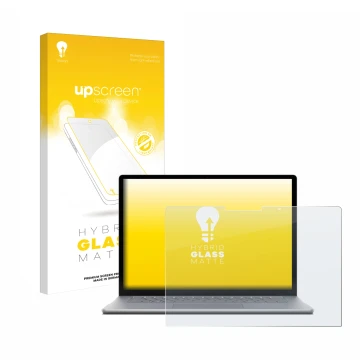 Parte frontal de un envase de producto con el logotipo de la marca upscreen. Al lado se muestra el dispositivo Microsoft Surfa