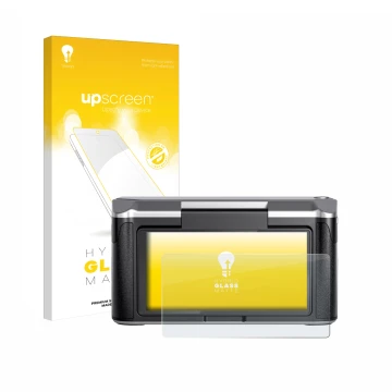 Parte frontal de un envase de producto con el logotipo de la marca upscreen. Al lado se muestra el dispositivo Revopoint Mirac