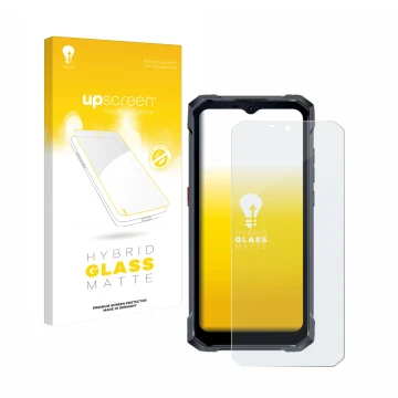 Parte frontal de un envase de producto con el logotipo de la marca upscreen. Al lado se muestra el dispositivo Hotwav W11 con 