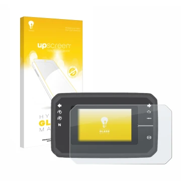 Parte frontal de un envase de producto con el logotipo de la marca upscreen. Al lado se muestra el dispositivo Honda CB650R TF