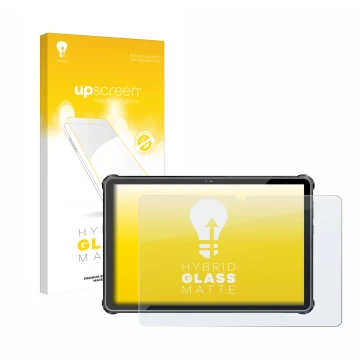 Parte frontal de un envase de producto con el logotipo de la marca upscreen. Al lado se muestra el dispositivo Oukitel RT6 con