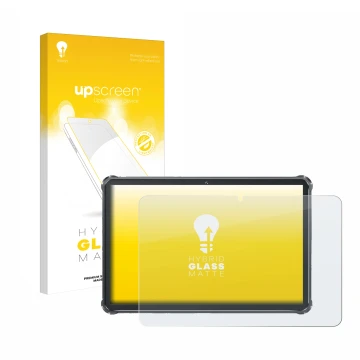 Parte frontal de un envase de producto con el logotipo de la marca upscreen. Al lado se muestra el dispositivo Oukitel RT8 con