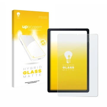 Parte frontal de un envase de producto con el logotipo de la marca upscreen. Al lado se muestra el dispositivo Samsung Galaxy 