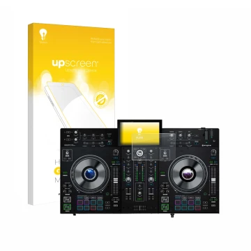 Parte frontal de un envase de producto con el logotipo de la marca upscreen. Al lado se muestra el dispositivo Denon DJ Prime 