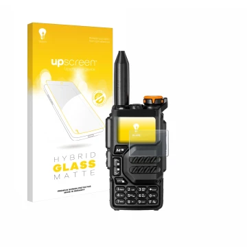Parte frontal de un envase de producto con el logotipo de la marca upscreen. Al lado se muestra el dispositivo Quansheng UV-K5