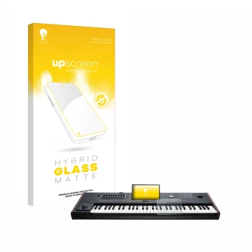 Parte frontal de un envase de producto con el logotipo de la marca upscreen. Al lado se muestra el dispositivo KORG Pa5X con s