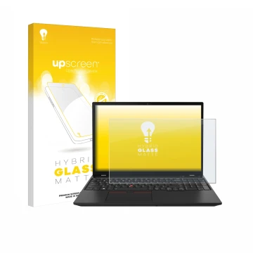 Parte frontal de un envase de producto con el logotipo de la marca upscreen. Al lado se muestra el dispositivo Lenovo ThinkPad