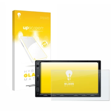 Parte frontal de un envase de producto con el logotipo de la marca upscreen. Al lado se muestra el dispositivo Atoto F7 WE con