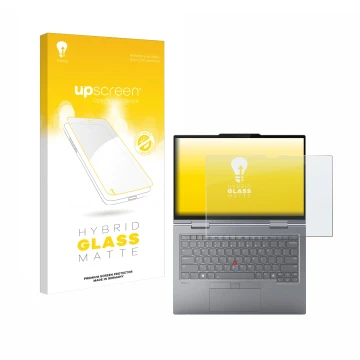 Parte frontal de un envase de producto con el logotipo de la marca upscreen. Al lado se muestra el dispositivo Lenovo ThinkPad