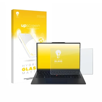 Parte frontal de un envase de producto con el logotipo de la marca upscreen. Al lado se muestra el dispositivo Lenovo ThinkPad