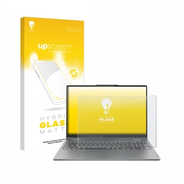 Parte frontal de un envase de producto con el logotipo de la marca upscreen. Al lado se muestra el dispositivo Lenovo IdeaPad 