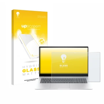Parte frontal de un envase de producto con el logotipo de la marca upscreen. Al lado se muestra el dispositivo HP Envy 17 2024