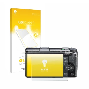 Parte frontal de un envase de producto con el logotipo de la marca upscreen. Al lado se muestra el dispositivo Ricoh GR IIIx H