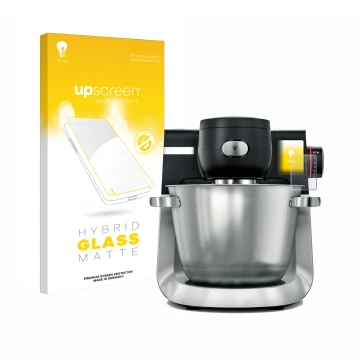 Parte frontal de un envase de producto con el logotipo de la marca upscreen. Al lado se muestra el dispositivo Bosch MUM Serie