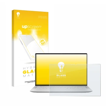 Parte frontal de un envase de producto con el logotipo de la marca upscreen. Al lado se muestra el dispositivo Dell XPS 14 944