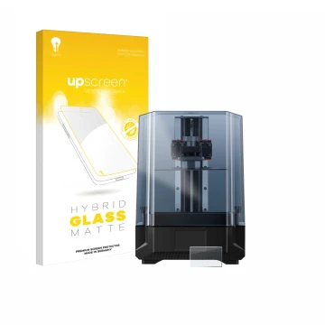 Parte frontal de un envase de producto con el logotipo de la marca upscreen. Al lado se muestra el dispositivo Anycubic Photon