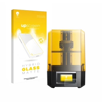 Parte frontal de un envase de producto con el logotipo de la marca upscreen. Al lado se muestra el dispositivo Anycubic Photon
