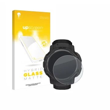 Parte frontal de un envase de producto con el logotipo de la marca upscreen. Al lado se muestra el dispositivo Garmin Instinct