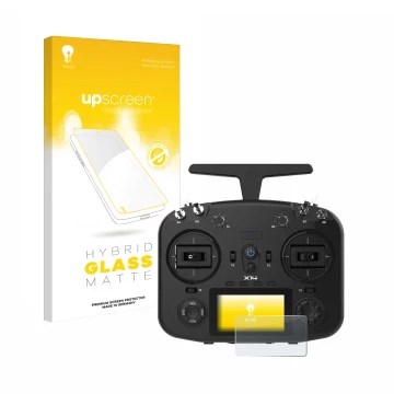 Parte frontal de un envase de producto con el logotipo de la marca upscreen. Al lado se muestra el dispositivo FrSky TWIN X14 