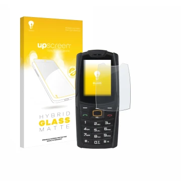 Parte frontal de un envase de producto con el logotipo de la marca upscreen. Al lado se muestra el dispositivo AGM M6 con su p