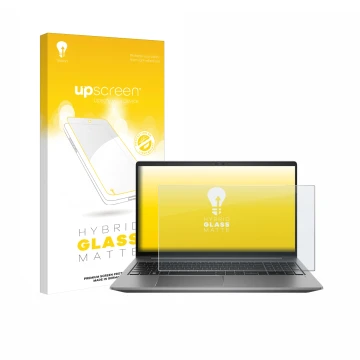 Parte frontal de un envase de producto con el logotipo de la marca upscreen. Al lado se muestra el dispositivo HP Zbook Power 