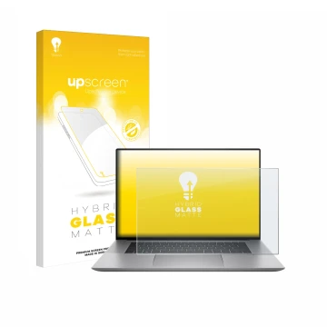 Parte frontal de un envase de producto con el logotipo de la marca upscreen. Al lado se muestra el dispositivo HP Zbook Studio
