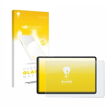 Parte frontal de un envase de producto con el logotipo de la marca upscreen. Al lado se muestra el dispositivo TCL NxtPaper 14